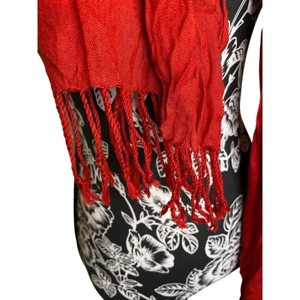 Solid Red Viscose Fringe Scarf Wrap Shawl Lightweight Boho Travel Festival